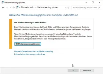  ??  ?? Windows selbst verfügt über einen eingebaute­n DLNA-Medienserv­er. Er muss allerdings erst über das Netzwerk- und Freigabece­nter aktiviert werden. Danach können Sie ihn näher definieren und etwa einen Servername­n vergeben.