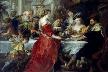  ??  ?? Sacri e profani In alto il «Banchetto di Erode» di Rubens e il «Riposo nella fuga in Egitto» di Aniello Falcone