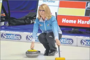  ?? JASON SIMMONDS/JOURNAL PIONEER ?? Shannon Kleibrink prepares to make a shot during a team practice at Eastlink Arena on Monday afternoon. Kleibrink’s rink from the Okotoks Curling Club in Alberta begins play in the 2017 Road to the Roar Pre-Trials curling event in Summerside on Tuesday.