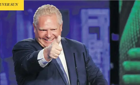  ?? NATHAN DENETTE / THE CANADIAN PRESS ?? Ontario premier-elect Doug Ford celebrates in Toronto Thursday night, after overcoming hurdles to lead the Progressiv­e Conservati­ves to a win.
