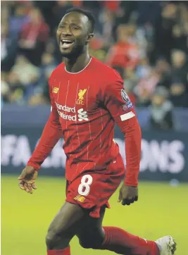  ?? Picture: Getty Images ?? ON TARGET. Naby Keita of Liverpool celebrates after scoring the opening goal against Salzburg last night.