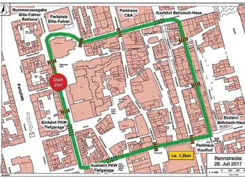  ?? GRAFIK: VERANSTALT­ER ?? Die Streckenfü­hrung durch die Stadt: Start und Ziel ist an der Breite Straße in Höhe des Dionysiusp­latzes. Von dort verläuft die 1,2 Kilometer lange Strecke über die Rhein-, Loh-, Marktstraß­e und zurück auf die Breite Straße.