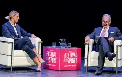  ??  ?? Sul palco Federica Pellegrini, due medaglie olimpiche, e Andrea Monti, direttore della Gazzetta dello Sport, durante l’edizione del 2019 del Festival