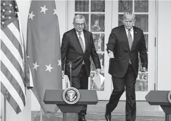  ?? Evan Vucci / Associated Press ?? President Donald Trump and European Commission President Jean-Claude Juncker appeared to have reached a compromise on trade Thursday during White House negotiatio­ns.