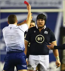  ??  ?? Scotland’s Zander Fagerson was shown a red card against Wales