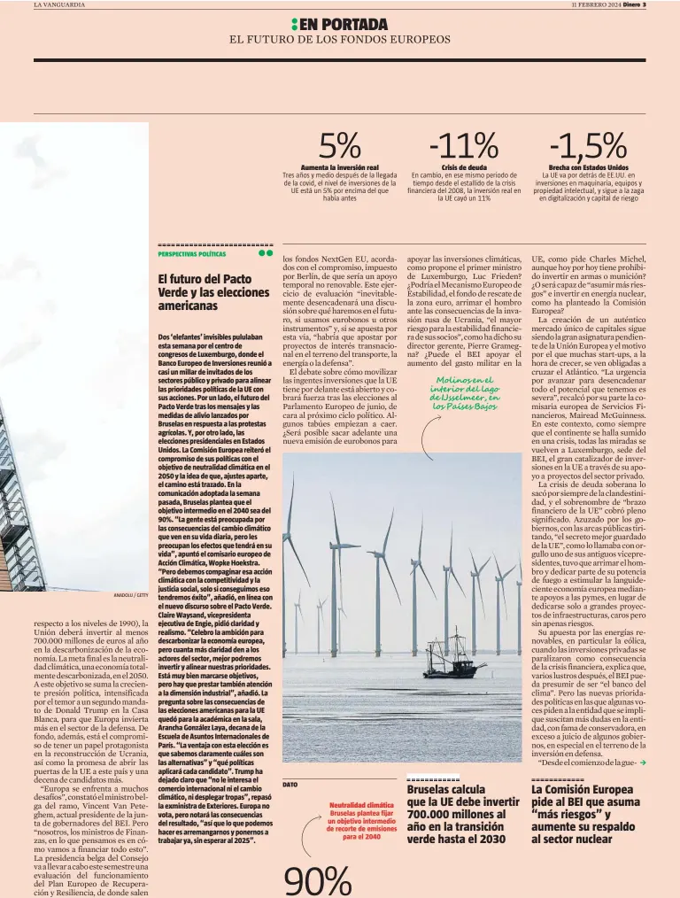  ?? Anadolu / Getty ?? DATO
Neutralida­d climática Bruselas plantea fijar un objetivo intermedio de recorte de emisiones para el 2040
Molinos en el interior del lago de IJsselmeer, en los Países Bajos
Bruselas calcula que la UE debe invertir 700.000 millones al año en la transición verde hasta el 2030