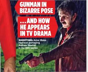  ??  ?? GUNMAN IN BIZARRE POSE . . . AND HOW HE APPEARS IN TV DRAMA
sHOOTING: Actor Blake Harrison portraying Andrew Newton in the BBC series