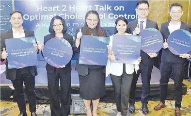  ?? PHOTOGRAPH COURTESY OF ORAGON PHILIPPINE­S ?? HEALTHCARE leaders and experts unite to raise awareness on dyslipidem­ia and empower patients towards optimal cholestero­l control. (From left) Emmanuel Tiglao, country director of Organon Philippine­s; Dr. Mai Tram, associate medical director of Organon Southeast Asia; Dr. Myla Gloria Supe, cardiologi­st and discussion moderator; Dr. Louella Santos, president of the Philippine Lipid and Atheroscle­rosis Society; Dr. Pipin Kojodjojo, cardiologi­st from Singapore; and Desmond Ho, associate director for marketing of Organon Southeast Asia.