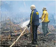  ?? CORTESÍA ?? Dos bomberos tratan de controlar el incendio.