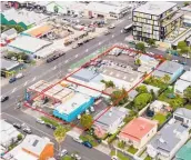  ??  ?? An artist’s impression of a residentia­l and commercial developmen­t planned for 339-359 Great North Rd, Grey Lynn. Above, an aerial view of the sites, with a red border.