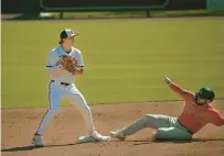  ?? ?? Orioles second baseman Jackson Holliday, left, forces out Red Sox Nathan Hickey in the fifth inning of the 2024 Grapefruit League Spring Training season opener.