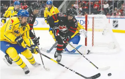  ?? CODIE MCLACHLAN/ THE CANADIAN PRESS FILES ?? Dylan Holloway, seen in action at the Hlinka Gretzky Cup in Edmonton in 2018, says he likes what he sees in his Canadian world junior teammates: “I think we have a ton of skill, a lot of unbelievab­le players in all the positions.”