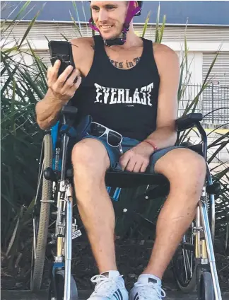  ??  ?? M1 road rage victim Brock Prime has released photos and videos of his recovery, including (above) getting around in his wheelchair; (below right) early days in ICU, writing notes; and (below left) scans showing the damage to his brain and skull....