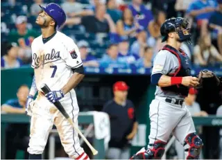  ?? THE ASSOCIATED PRESS ?? The Kansas City Royals’ Rosell Herrera walks back to the dugout Tuesday after striking out during the ninth inning of a game against the Cleveland Indians in Kansas City, Mo.