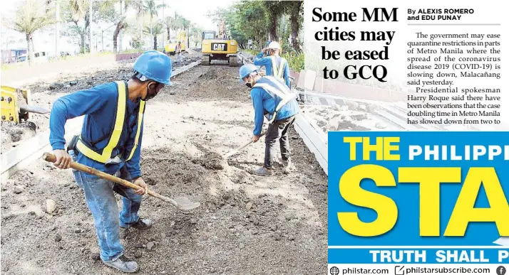  ?? KRIZJOHN ROSALES ?? Workers from the Department of Public Works and Highways conduct reblocking and repair work on segments of the northbound lanes of Roxas Boulevard in Manila yesterday.