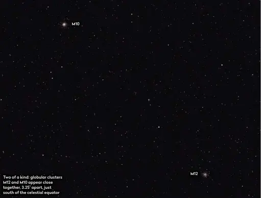  ??  ?? Two of a kind: globular clusters M12 and M10 appear close together, 3.25˚ apart, just south of the celestial equator
M10
M12