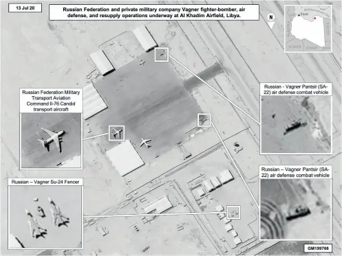  ??  ?? Cette image satellite montre la présence d’équipement­s militaires du groupe russe Wagner, sur la base aérienne d’al-khadim (est de la Libye), en juillet 2020.