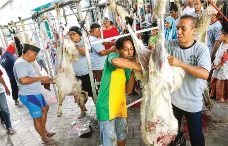  ?? ALFIAN RIZAL/JAWA POS ?? TETAP FOKUS: Para peserta adu cepat dan rapi menguliti kambing di Rangkah Buntu kemarin (11/8).