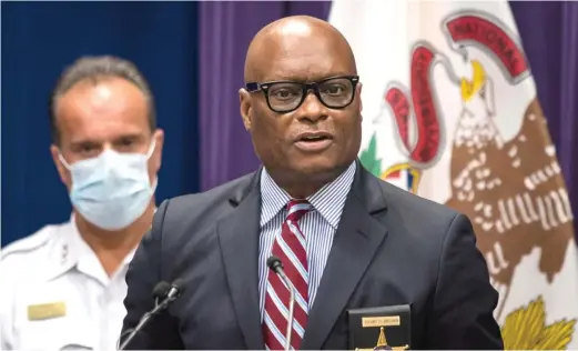  ?? PHOTOS BY ASHLEE REZIN GARCIA/SUN-TIMES ?? Police Supt. David Brown addresses the city’s weekend gun violence Monday morning during a news conference at CPD headquarte­rs.