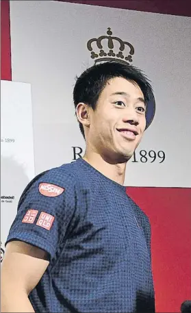  ?? FOTO: MANEL MONTILLA ?? Nishikori, rey en 2014 y 2015 del Trofeo Godó, ayer en su rueda de prensa