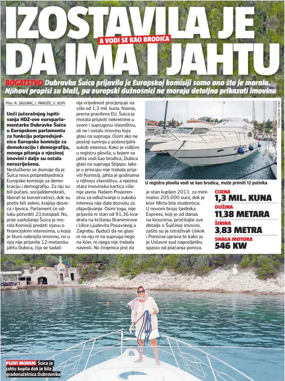  ??  ?? PLOVI MOREM Šuica je jahtu kupila dok je bila gradonačel­nica Dubrovnika