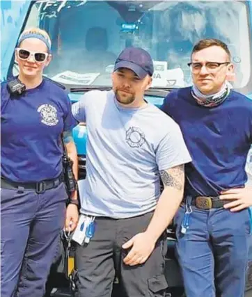  ??  ?? James Richard (center and below) claims in suit that EMTs and paramedics working for Ambulnz were cyberstalk­ed, barred from drinking alcohol or having sex at their hotel, and not paid for being on call 24/7.