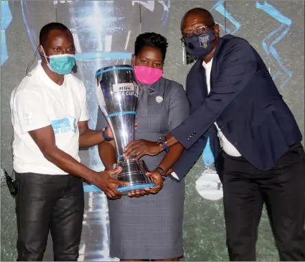  ?? Photo: Nampa ?? It’s on!... MTC’s Tim Ekandjo, deputy sports minister Emma Kantema-Gaomas and NFA president Ranga Haikali during yesterday’s launch of the MTC NFA Cup.