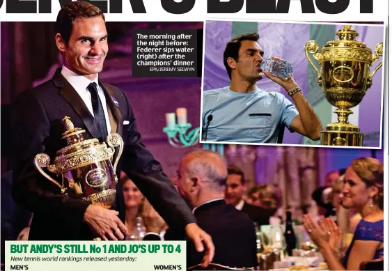  ?? EPA/JEREMY SELWYN ?? The morning after the night before: Federer sips water (right) after the champions’ dinner