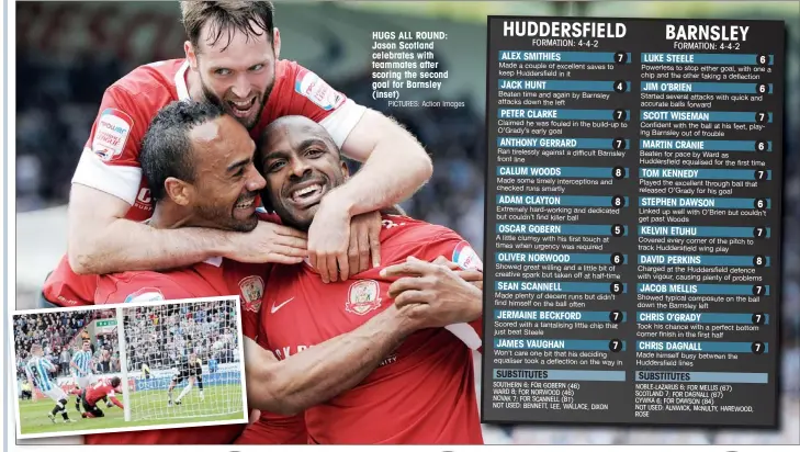  ?? PICTURES: Action Images ?? HUGS ALL ROUND: Jason Scotland celebrates with teammates after scoring the second goal for Barnsley (inset)