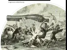  ?? Image source: wiki/archive.org ?? Fire from Fort Jackson strikes the gunboat Iroquois, causing numerous casualties. Despite the mortar attacks on the forts, they were still a threat to the Union ships