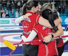  ?? DARRYL DYCK THE CANADIAN PRESS ?? Team Canada second Shannon Birchard, left, third Val Sweeting, skip Kerri Einarson and lead Briane Harris celebrate winning the Scotties Tournament of Hearts, in Kamloops, B.C., on Sunday.