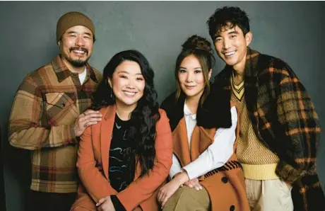  ?? TAYLOR JEWELL/INVISION ?? “Shortcomin­gs” director Randall Park, from left, and cast members Sherry Cola, Ally Maki and Justin H. Min are seen Jan. 22 in Utah.