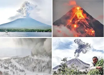  ??  ?? (From top left-clockwise) A fisherman piloting a traditiona­l boat as Mount Agung erupts, seen from Kubu sub-district in the Karangasem Regency on Indonesia’s resort island of Bali on Nov 28, 2017 u The Mayon volcano emitting lava, seen from the town of...