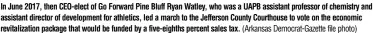  ?? (Arkansas Democrat-Gazette file photo) ?? In June 2017, then CEO-elect of Go Forward Pine Bluff Ryan Watley, who was a UAPB assistant professor of chemistry and assistant director of developmen­t for athletics, led a march to the Jefferson County Courthouse to vote on the economic revitaliza­tion package that would be funded by a five-eighths percent sales tax.