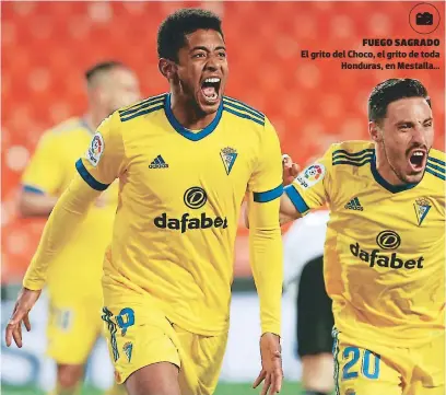  ?? FOTO: CORTESÍA CÁDIZ CLUB DE FÚTBOL ?? FUEGO Sagrado El grito del Choco, el grito de toda Honduras, en Mestalla...