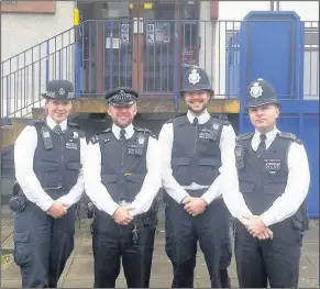  ??  ?? n HIGH VISIBILITY: New north area team (from left) PC Helen Low, Sergeant Liam Moore, PC James Archer and PC David Butler, another member, PC Tom McNeill, is not present
Contribute­d