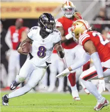  ?? JED JACOBSOHN / ASSOCIATED PRESS ?? Baltimore quarterbac­k Lamar Jackson (8) runs against the San Francisco defense during Monday’s game in Santa Clara, Calif.