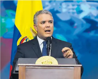  ?? PRESIDENCI­A ?? Iván Duque Márquez, presidente de Colombia, durante un discurso el pasado 20 de julio.