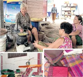  ??  ?? Cocoons are left under the sun for a couple of days so the pupae die before the cocoons are boiled for silk yarn. Raw silk yarn is rough and needs to be spun to make it softer before being dyed. The villagers used both natural and chemical colours to...