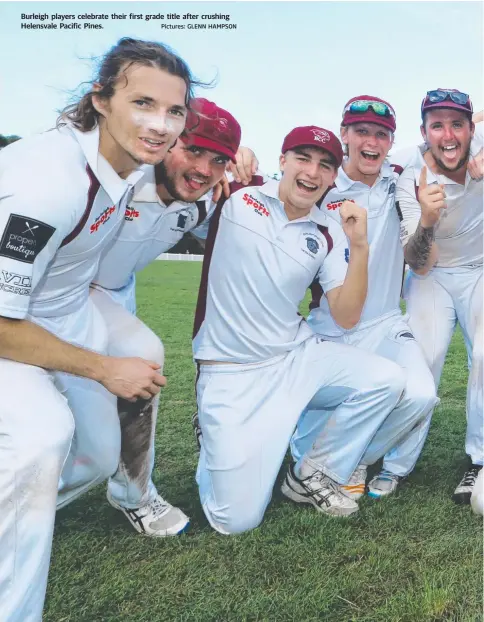  ?? Pictures: GLENN HAMPSON ?? Burleigh players celebrate their first grade title after crushing Helensvale Pacific Pines.