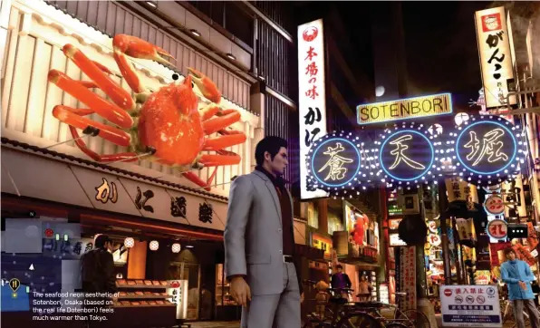  ??  ?? The seafood neon aesthetic of Sotenbori, Osaka (based on the real life Dotenbori) feels much warmer than Tokyo.Right Fight with an ally and you can team up for some powerful moves. Sayama can handle herself well.