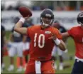  ?? NAM Y. HUH — THE ASSOCIATED PRESS ?? Bears quarterbac­k Mitchell Trubisky looks to pass during training camp in Bourbonnai­s, Ill.