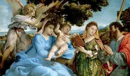  ??  ?? Capolavoro «Sacra Conversazi­one con i santi Caterina e Tommaso» di Lorenzo Lotto , dal Kunsthisto­risches Museum di Vienna