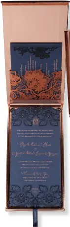  ??  ?? Mirror box invite in rose gold with blind embossed monogram, lasercut, rose-gold lace pocket, and navy laser-cut invite with rose-gold foil by
Lehr and Black; lehrandbla­ck.com