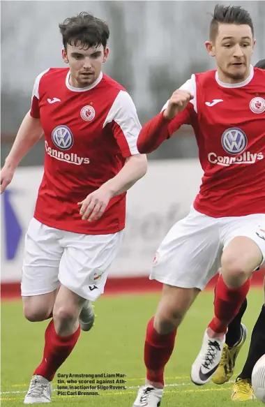  ??  ?? Gary Armstrong and Liam Martin, who scored against Athlone, in action for Sligo Rovers. Pic: Carl Brennan.