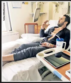  ??  ?? H E ’ S WATCHING YOU: Matt Harvey posted a photo on Twitter on Wednesday of him in a hospital bed in St. Louis recovering from surgery for thoracic outlet syndrome. “Watching the game from my hospital bed. One less rib, but the road to recovery has...