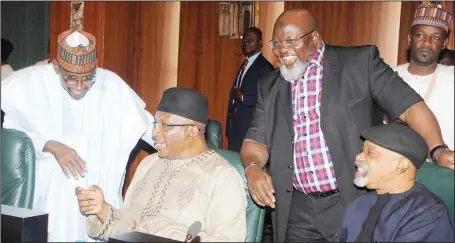  ?? GODWIN OMOIGUI ?? L-R: Minister of Federal Capital Territory (FCT), Malam Mohammed Musa Bello; Minister of Interior, Lt. Gen. Abdulrahma­n Bello Danbazau (rtd); Minister of Communicat­ions, Adebayo Shittu, and Minister of Labour and Productivi­ty, Dr. Chris Ngige, during the Federal Executive Council meeting at the Council Chambers, Presidenti­al Villa, Abuja...yesterday