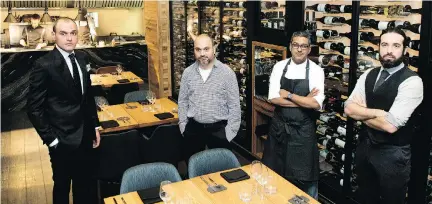  ?? ALLEN McINNIS FILES ?? Perombelon, second from right, earned rave reviews while working as chef/partner at the wine bar M.Mme. He’s shown here in 2016 with co-owners Hovig Kalanjian, left, and Asbed Istanbouli­an and sommelier Laurent Cassis.