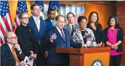  ?? AP PHOTO/J. SCOTT APPLEWHITE ?? Chairman Jerrold Nadler, D-N.Y., center, and Democratic members of the House Judiciary Committee speak to reporters Friday about this week’s testimony from former special counsel Robert Mueller.