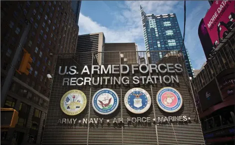  ?? (File Photo/AP/Bebeto Matthews) ?? The Times Square military recruiting station displays insignia for each U.S. military branch July 17, 2015, in New York. Stories circulatin­g online incorrectl­y claim the U.S. military is planning to reinstitut­e the draft.